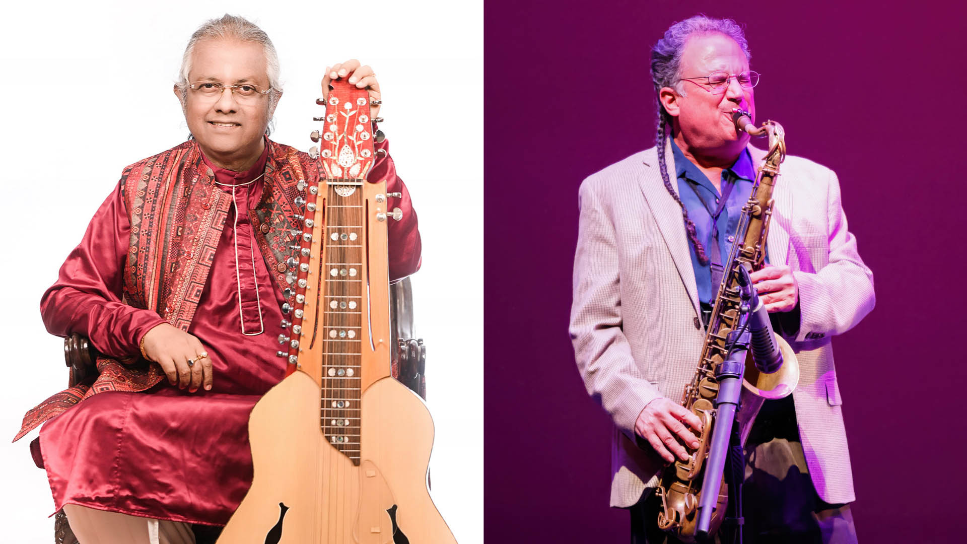 Poster for Debashish Bhattacharya & George Brooks with Eman Hashimi, Rohan Krishnamurthy and Suryadipta Bhattacharya